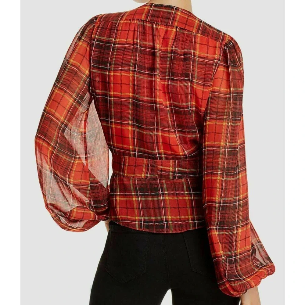 $192 LINI Women's Red Plaid V-Neck Sheer Long Balloon-Sleeve V-Neck Blouse XS - Picture 2 of 7